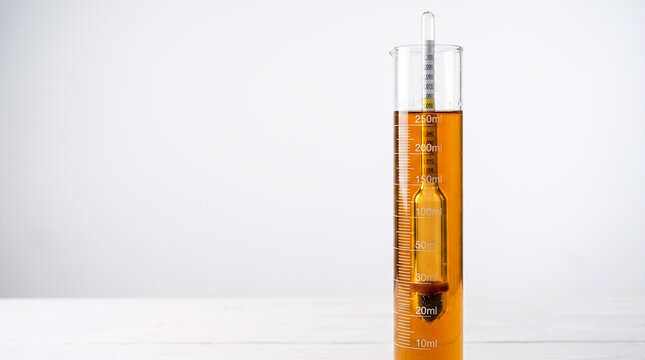Hydrometer in beaker measuring liquid density for scientific or industrial application