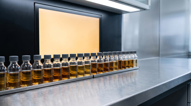 Laboratory vials with amber liquid arranged on metallic surface with warm background light