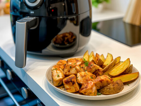 Air Fryer Meal: Crispy chicken pieces and golden potato wedges are artfully arranged on a plate next to a sleek black air fryer, showcasing a delicious and healthy home-cooked meal.