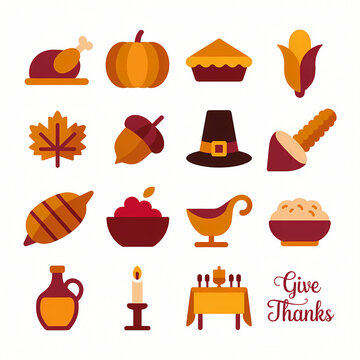 Thanksgiving Icons Collection: A vibrant assortment of flat design icons representing traditional Thanksgiving elements, including a roasted turkey, pumpkin pie, corn, and fall foliage.
