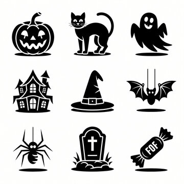Halloween Icons: A collection of classic Halloween symbols including a jack-o'-lantern, black cat, ghost, haunted house, witch hat, bat, spider, tombstone, and candy.