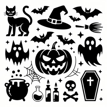 Halloween Icons Set: A collection of classic Halloween symbols including a black cat, bats, witch hat, broom, ghost, pumpkin, cauldron, potion, candle, skull and crossbones, and coffin.
