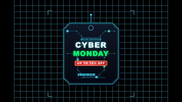 Futuristic cyberpunk price tag with cyber circuit lines and digital matrix grid background, floating and swaying seamlessly in resolution
