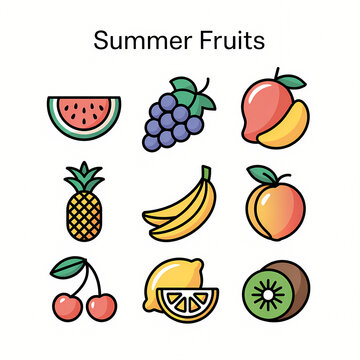 Summer Fruits Icon Set: A vibrant collection of fresh, colorful summer fruits represented in a clean, modern icon style. Perfect for healthy eating, food blogs, and summer promotions.