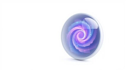Fototapeta premium Glossy sphere contains swirling galaxy. Purple, blue hues dominate interior. Reflective surface rests upon dark background.