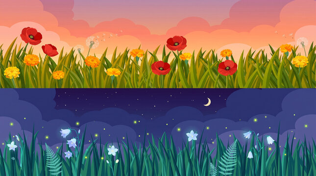 Wildflower meadow field horizontal banners set showing sunset with red poppies and night sky with glowing fireflies, flat cartoon vector illustration isolated on white background