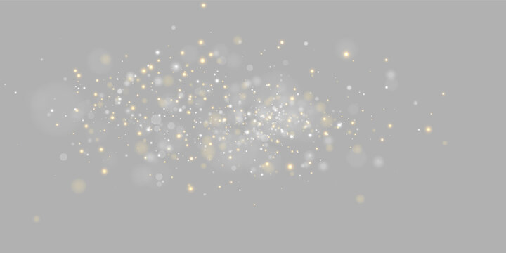 A cluster of glowing particles spreads horizontally across a black background. The particles vary in size and alternate between warm gold and cool silver colors.