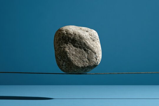 Stone balanced on tightrope against blue background symbolizing precarious justice