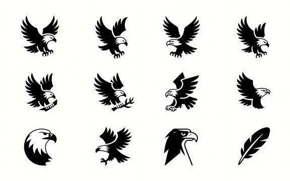 Set of Eagle Icons: A collection of stylized eagle illustrations showcasing the majestic bird in various poses, from soaring flight to stoic profile, alongside a feather symbol.