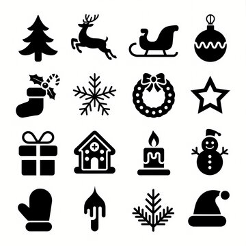 Christmas Icon Set: A collection of classic black and white Christmas icons, including a tree, reindeer, sleigh, ornament, stocking, snowflake, wreath, star, gift, gingerbread house, candle, snowman.