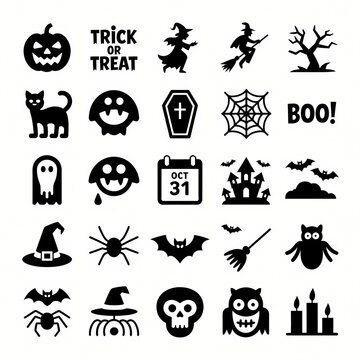 Halloween Icons Collection: A collection of black and white icons celebrating Halloween, featuring spooky elements like pumpkins, ghosts, witches, bats, and haunted houses.