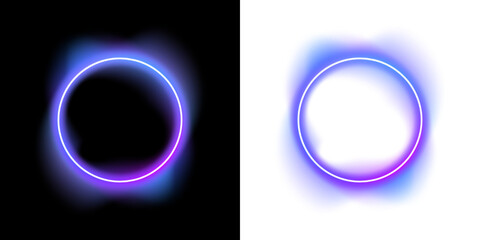 Two neon circular shapes display vibrant gradients of blue, purple, and pink hues. The left circle emits a smooth, soft glowing halo while the right circle features a wavy, irregular outer. © Ole moda