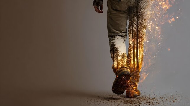 A person walking with a double exposure effect shows forest fires burning within their silhouette. This striking image symbolizes human impact on wildfires and environmental destruction.