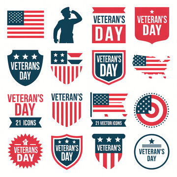 Veteran's Day Icons: A collection of graphic icons and symbols celebrating Veteran's Day, featuring American flags, patriotic shields, and saluting figures.