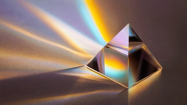 A glass prism sits on a metallic surface splitting light into vibrant rainbow beams. Dramatic side lighting and sharp refractions create a stunning fine art aesthetic.