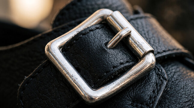 Detailed macro shot of a weathered metal buckle on black leather strap
