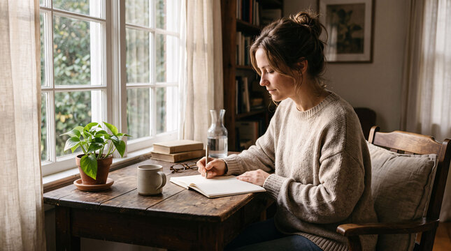 Relaxed woman journaling beside window with notebook coffee and houseplant promoting self reflection mindfulness gratitude wellness and intentional living routine
