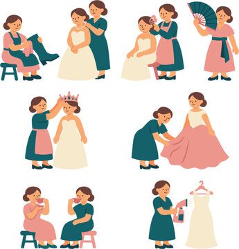 Bridal beauty flat vector illustration set of eight scenes: polishing a shoe, fastening a necklace and tucking a hairpin