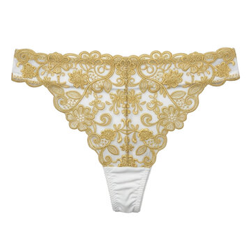 Delicate white lace thong underwear with intricate gold floral embroidery, a luxurious and elegant piece of lingerie for women.