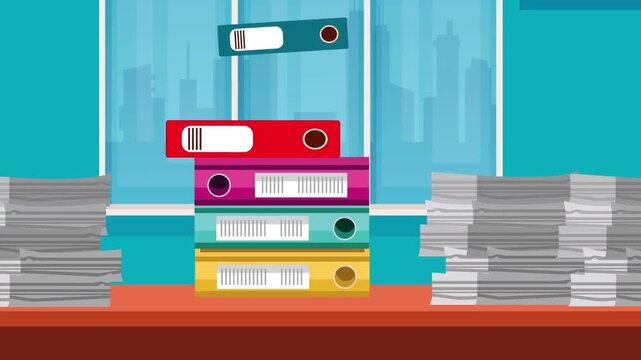 Colorful office folders piling up on a desk in dynamic animated video footage graphic illustration style