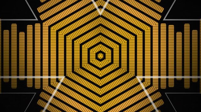 Golden Hexagonal Patterns and Parallel Lines with Symmetrical Composition on a Dark Background. Futuristic Digital Technology Concept.