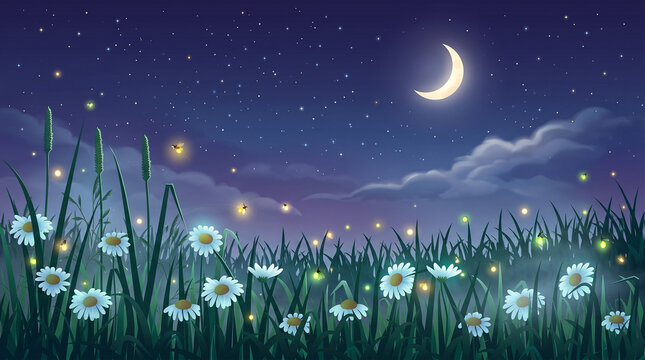 Night meadow landscape with blooming white daisies, glowing fireflies, starry sky, and crescent moon, realistic 3D vector illustration isolated on dark blue background