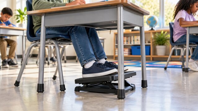 Student using a foot rocker beneath a school desk with classmates seated nearby in a bright classroom, supportive learning environment
