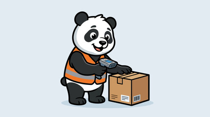 Cartoon panda wearing safety vest scanning cardboard box © donov