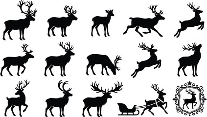 Fototapeta premium Black Christmas deer silhouette icons bundle vector design elements featuring running reindeer caribou winter holidays and sled symbols