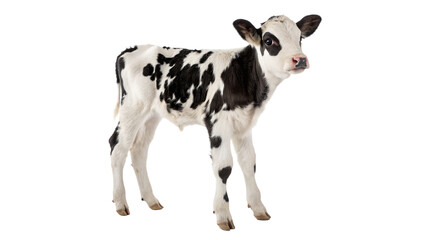 Cute young black and white spotted cow calf standing domestic livestock isolated on transparent background © Grace