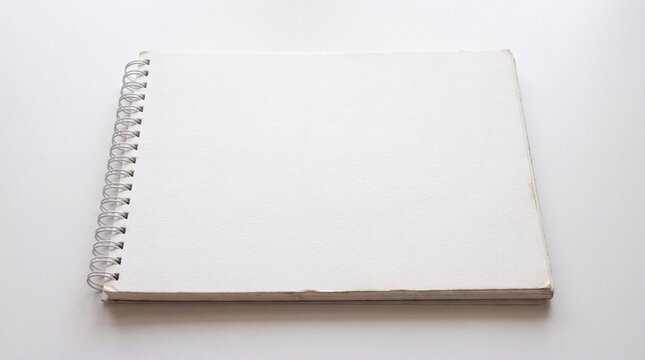 Blank spiral sketchbook with white paper pages and metallic binding wire on white background