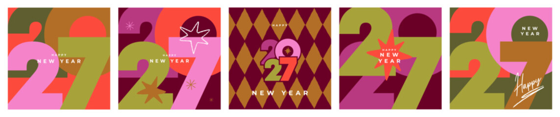 Fototapeta premium Collection of 2027 Happy New Year card, cover, poster. Set of 2027 Happy New Year logo text design. 2027 number design template. Vector illustration with labels isolated on colorful background.