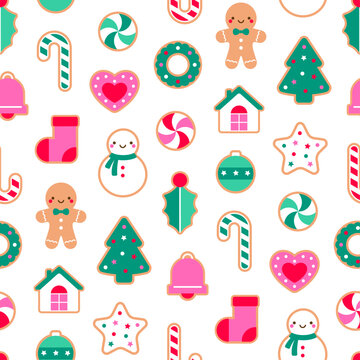 Cute cookies seamless pattern design for Christmas and new year holidays background.
