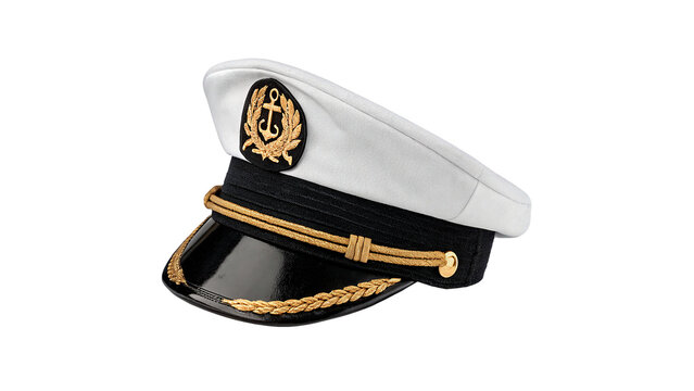 Classic white captain cap sailor hat marine emblem isolated on transparent background