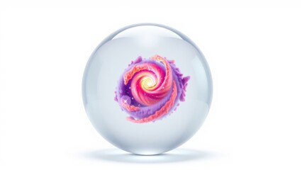 Fototapeta premium Glass sphere contains swirling pink, purple nebula. Bright colors create cosmic effect, isolated on white background. Beautiful, vibrant image.