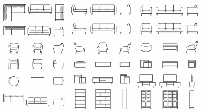 Living Room Furniture Architectural CAD Blocks Sofa Tables TV Units Top Front Side Views