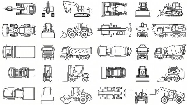 Construction Equipment Architectural CAD Blocks Excavators Cranes Trucks Top Front Side Views
