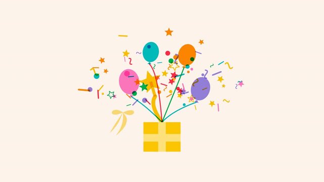 Animated colorful balloons, stars, and confetti bursting out of a yellow gift box one by one. The strings are accurately attached to the very edges/knots of the floating items. Seamless 10-second loop