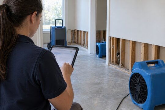 woman monitors drying equipment inside a damaged home