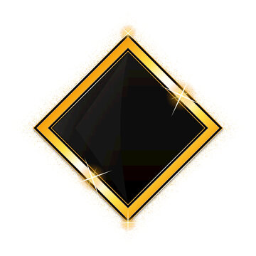 A luxury diamond shaped golden frame with glowing sparkles and a black center presented as an isolated object on transparent background isolated on transparent background