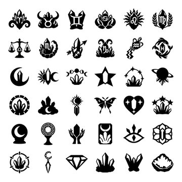 Astrology crystal silhouette set zodiac signs moon star celestial
