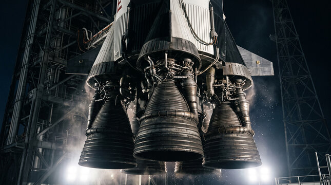 Rocket launchpad engines with smoke and fog against dark night sky