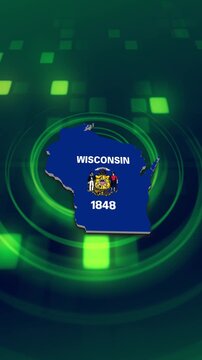 Wisconsin State (USA) Flag on its State Map, 3D Map Flag Opener, Suitable for Politics, Elections, July 4th, News and Sports Events and Memorial Day