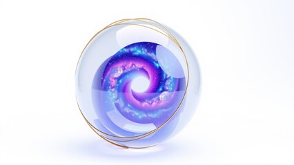 Fototapeta premium Glass sphere contains swirling galaxy. Purple, blue hues dominate interior. Golden rings encircle transparent orb. Bright, cosmic scene.