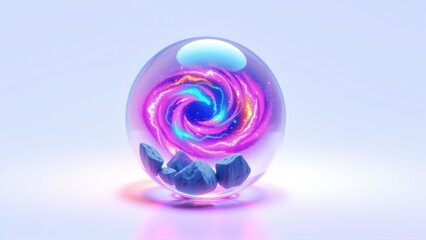 Fototapeta premium Glass sphere contains swirling galaxy, rocks inside. Bright colors, soft lighting, reflective surface. Minimalist composition, cosmic scene.
