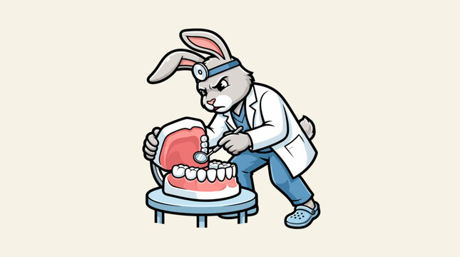 Rabbit dentist character examining a set of dentures.