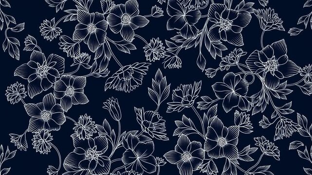 Pan tracking slow motion of floral pattern scrolling across seamless navy wallpaper textile background in studio