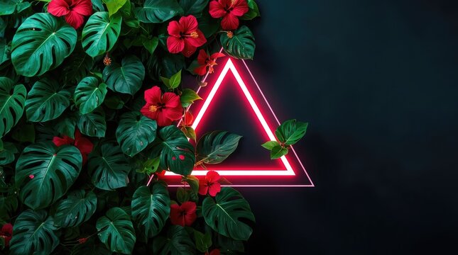 vibrant red neon triangle glowing against a dark background