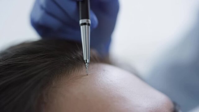 Handheld close up tilt of clinician performing micro needling on patient scalp during dermatology treatment in medical clinic
