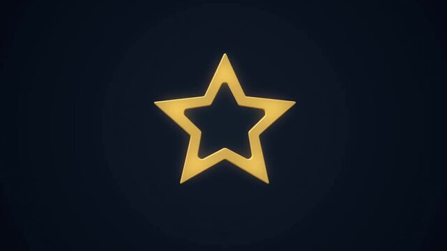 Slow motion zoom of gold star icon pulsing and glowing against dark blue studio background